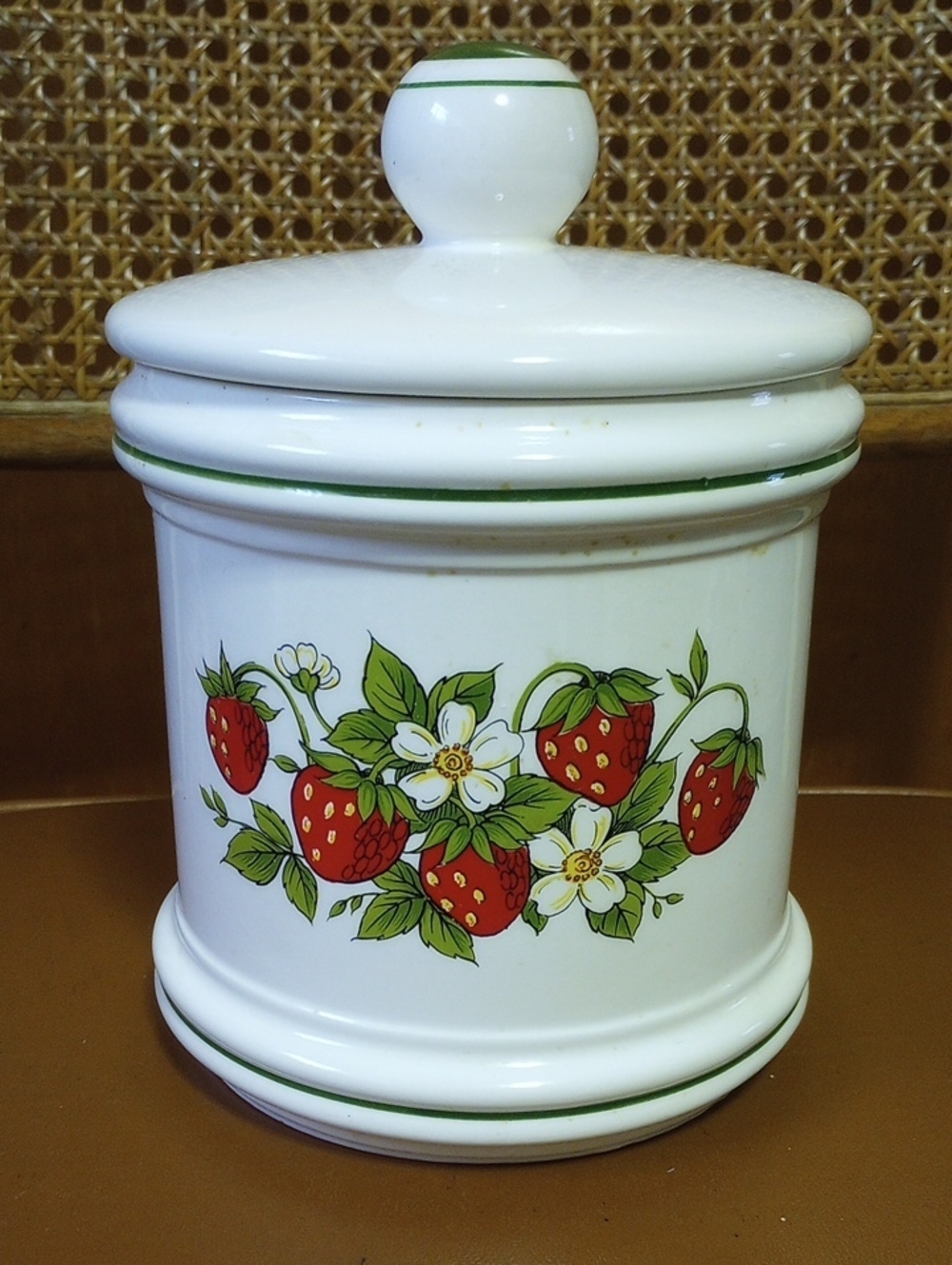 Creamy White Round Strawberry & Floral Vintage Ceramic Storage Canister w/ Lid